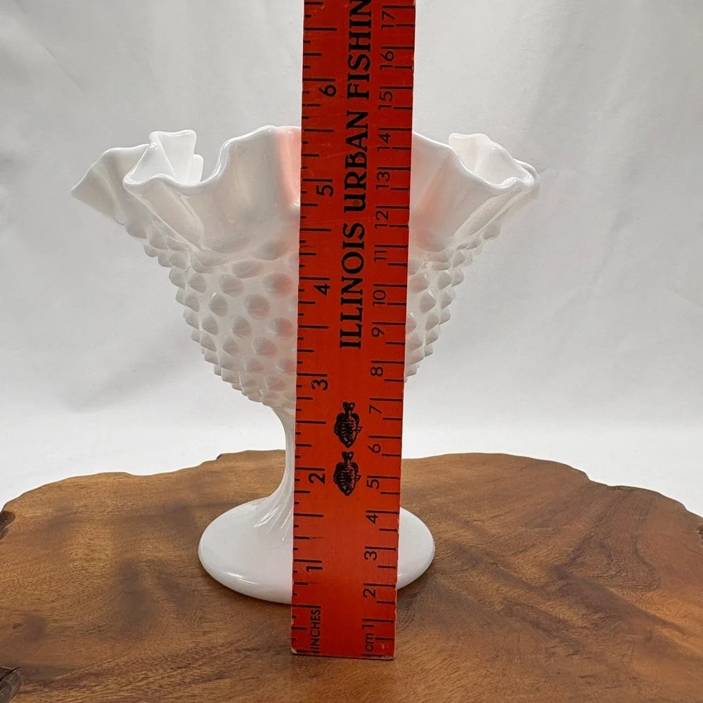 Vintage Fenton Hobnail Milk Glass Footed Compote Candy Dish Ruffled/Crimped Edge
